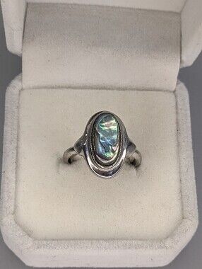 Vintage Avon Adjustable Silver Tone Ring With Oval Abalone Shell Size 5-7 1990s